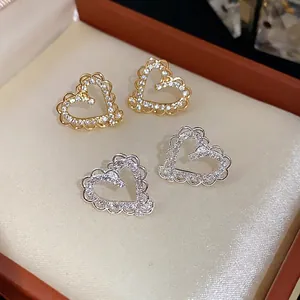 18K Gold Plated 925 Sterling Silver Earring Post Zirconia Heart Stud Earrings Hollow Lace Design Elegant Jewelry For Women