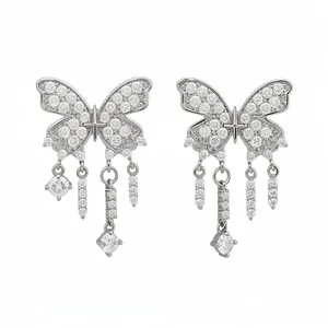 Elegant silver butterfly tassel ear clips with sparkling white zircon stones for women