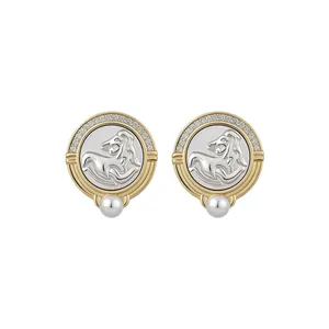 Elegant vintage round horse head stud earrings with sparkling zircon and white pearls