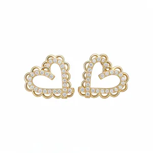 Elegant 18k gold plated heart stud earrings with sparkling zircon and scalloped edges