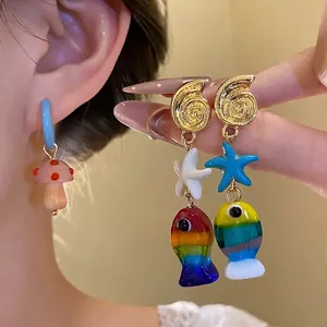 Orecchini a Goccia Stile Vacanza Conchiglia Stella Marina Pesce Arcobaleno Fungo Con Perno in Acciaio Gioielli da Donna