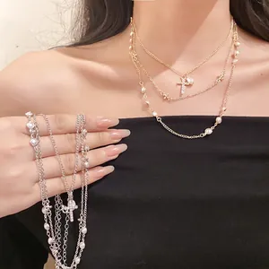 Fashion Layered Alloy Artificial Pearl Rhinestone Cross Pendant Necklace For Women Light Luxury Design Clavicle Chain Jewelry Gift