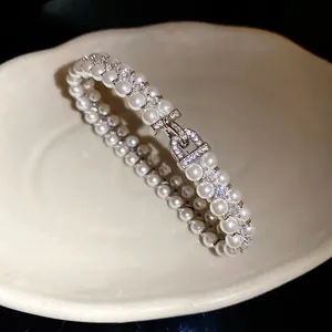 Elegant French vintage double-layer pearl bracelet with sparkling zircon accents for women