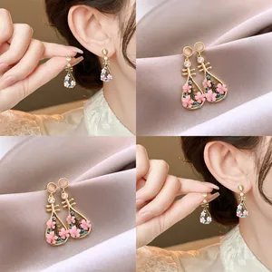 Chinese Style Pipa Shaped Stud Earrings Pink Peach Blossom Inlaid Zirconia Gold Plated Copper Jewelry Silver Earring Post