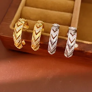 Luxury 14K Gold Plated C Shape Stud Earrings Women Copper Zirconia Chevron Pattern Jewelry 925 Sterling Silver Earring Post