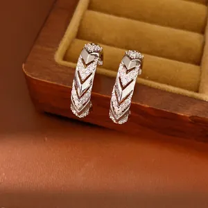 Elegant silver needle 14k gold plated C-shaped stud earrings with cubic zirconia stones