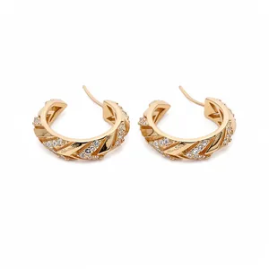 14k Gold plated C-shaped hoop earrings with sparkling zircon stones for elegant women