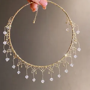Elegant vintage gold lace choker necklace with crystal fringe droplets design style