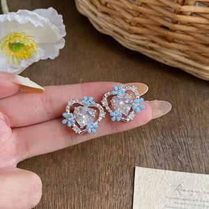 Sweet Blue Heart Flower Stud Earrings With 925 Sterling Silver Earring Post Copper Zirconia Earrings For Women Daily Jewelry