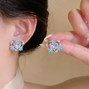 Elegant blue enamel floral heart stud earrings with sparkling crystals for women