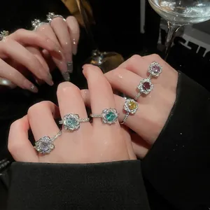 Sparkling zircon flower open rings for women in elegant multi-color fashion style.