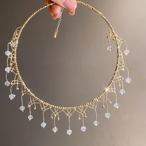 Elegant vintage gold lace fringe choker necklace with sparkling crystal beads detail