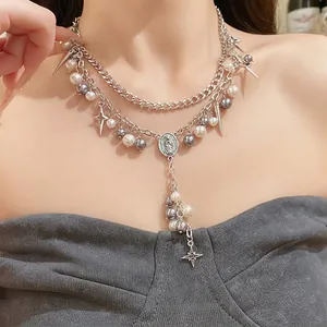 Elegant double layer pearl necklace with silver curb chain and religious oval pendant