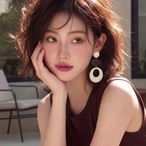 Retro French earrings with hollow acrylic circle and wooden teardrop on Asian model