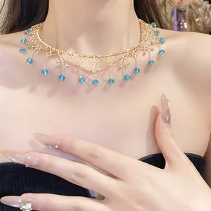 Vintage elegant lace tassel choker necklace with light blue beads and golden finish for women