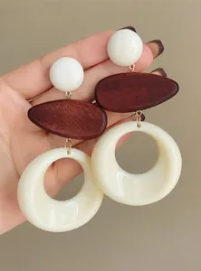 French retro hollow round acrylic drop earrings with brown wood detail