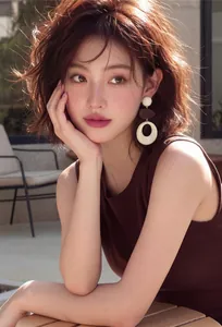 Close-up detail of elegant French vintage acrylic and wooden earrings worn by an Asian model