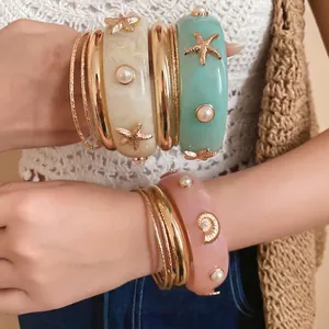 Bohemian Resin Starfish Bangle Bracelet Marble Texture Artificial Pearl Inlaid Electroplated Gold Alloy Vacation Hand Jewelry For Women