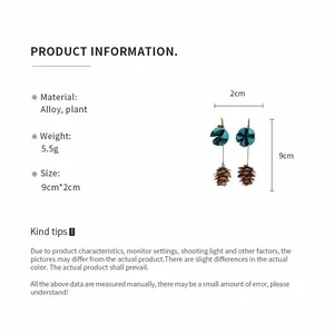 Product size details for Mori-style plant pinecone drop earrings in alloy and plant material.
