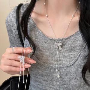 Fashion Hollow Bowknot Pendant Necklace For Women Light Luxury Copper Artificial Pearl Rhinestone Clavicle Chain Jewelry Gift