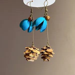 Unique forest style blue fabric flower and natural pinecone dangle earrings for women