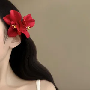 Pinza para el Cabello de Doble Flor de Orquídea de Tela Hecha a Mano Estilo Chino Romántico Pinza de Cocodrilo Accesorios de Fotos para Mujer