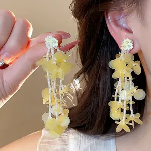 18K Gold Plated 925 Sterling Silver Needle Yellow Tassel Stud Earrings For Women Handmade Glass Bead Flower Drop Earrings Jewelry