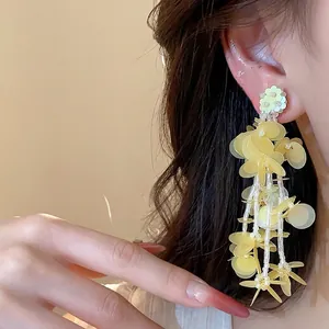 Elegant 18k gold plated yellow tassel flower drop earrings for women