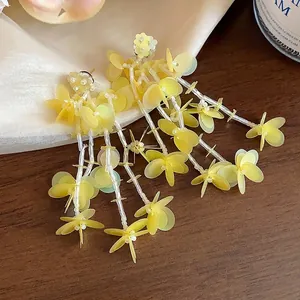Elegant yellow tassel earrings with floral sequins and 18k gold-plated silver needles