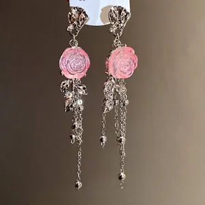 Elegant pink resin rose flower silver needle tassel dangle earrings for women