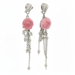 Elegant pink resin rose earrings with long silver tassel chains and clear crystals