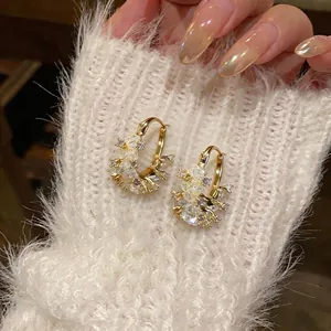 14K Gold Plated Zirconia Glass Round Hoop Earrings For Women Korean Style 925 Sterling Silver Post High-End Jewelry