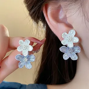 Koreanischer Stil Tropföl Blume Ohrstecker Mit 925 Sterlingsilber Ohrstecker-Stift Eleganter Doppellagiger Floral Strass Schmuck Für Damen