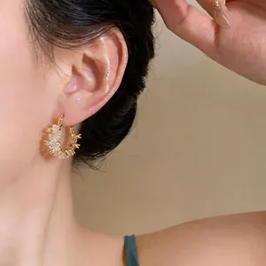 Close-up detail showing 14k gold plated hoop earrings with sparkling zircon stones
