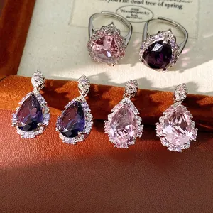 Vintage Court Style Waterdrop Zirconia Earrings And Ring Copper 925 Sterling Silver Earring Post Purple Pink Luxurious Jewelry For Women