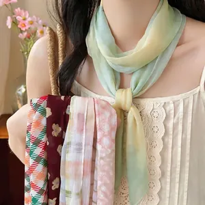 Sciarpa Lunga in Chiffon Dolce per Donna Motivo Floreale Plaid Sciarpa Decorativa Fascia per Capelli Leggera Accessorio per Borsa Sciarpa di Seta