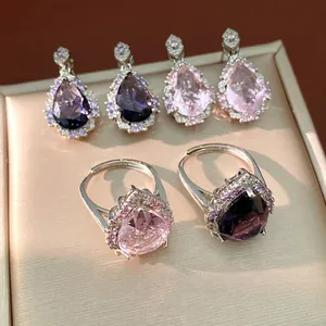 Elegant teardrop zircon jewelry set with matching water drop earrings and rings for women