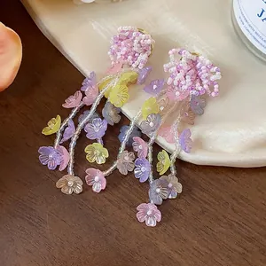 Handmade colorful glass beaded flower earrings in sweet dopamine style with silver needles
