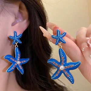 Orecchini Pendenti a Stella Marina Stile Vacanza Smalto Blu Strass Perla Artificiale Con Perno in Argento