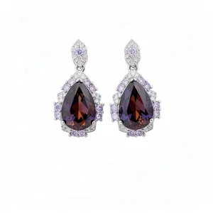 Vintage purple teardrop zircon earrings with silver needle, elegant palace style