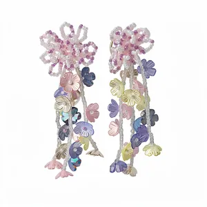 Colorful glass beaded flower drop earrings with silver needle posts for women