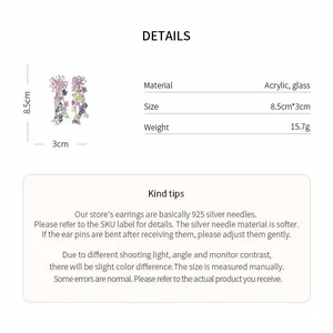 Detailed view of colorful glass beaded floral earrings with material and size specifications.