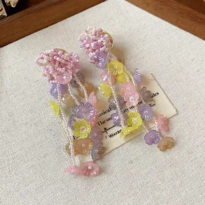 Detailed view of colorful glass beaded flower tassel earrings with intricate craftsmanship