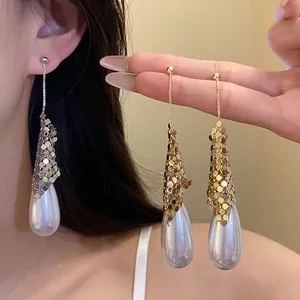 Elegant Artificial Pearl Water Drop Pendant Earrings Luxury Metal Mesh Dangle Earring With Silver Earring Post For Women Jewelry