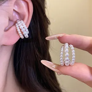 French Vintage Layered Artificial Pearl Bead Ear Cuff Non-Pierced Clip On Earrings Elegant Gold Silver Plated Jewelry For Women