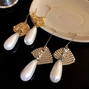 Elegant gold mesh and pearl teardrop drop earrings with S925 silver needles for women