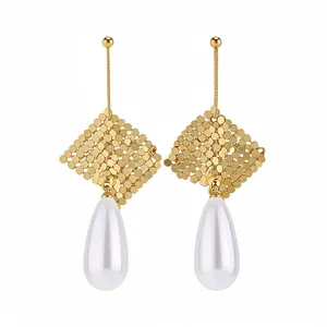 Elegant gold-tone drop earrings featuring teardrop pearls and geometric metal mesh design