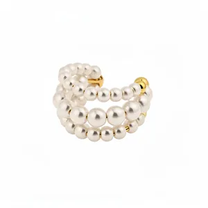 Elegant three-layer pearl ear cuff in gold finish, no-piercing vintage style jewelry