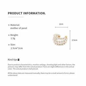 Macro detail of triple-layer pearl bead ear cuff with size and material specifications.