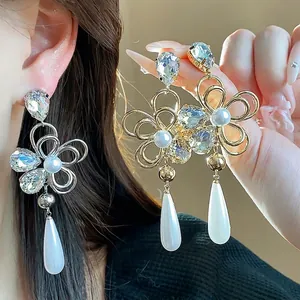 18K Real Gold Plated Alloy Flower Artificial Pearl Rhinestone Drop Earrings With 925 Sterling Silver Earring Post For Women Wedding Banquet Jewelry